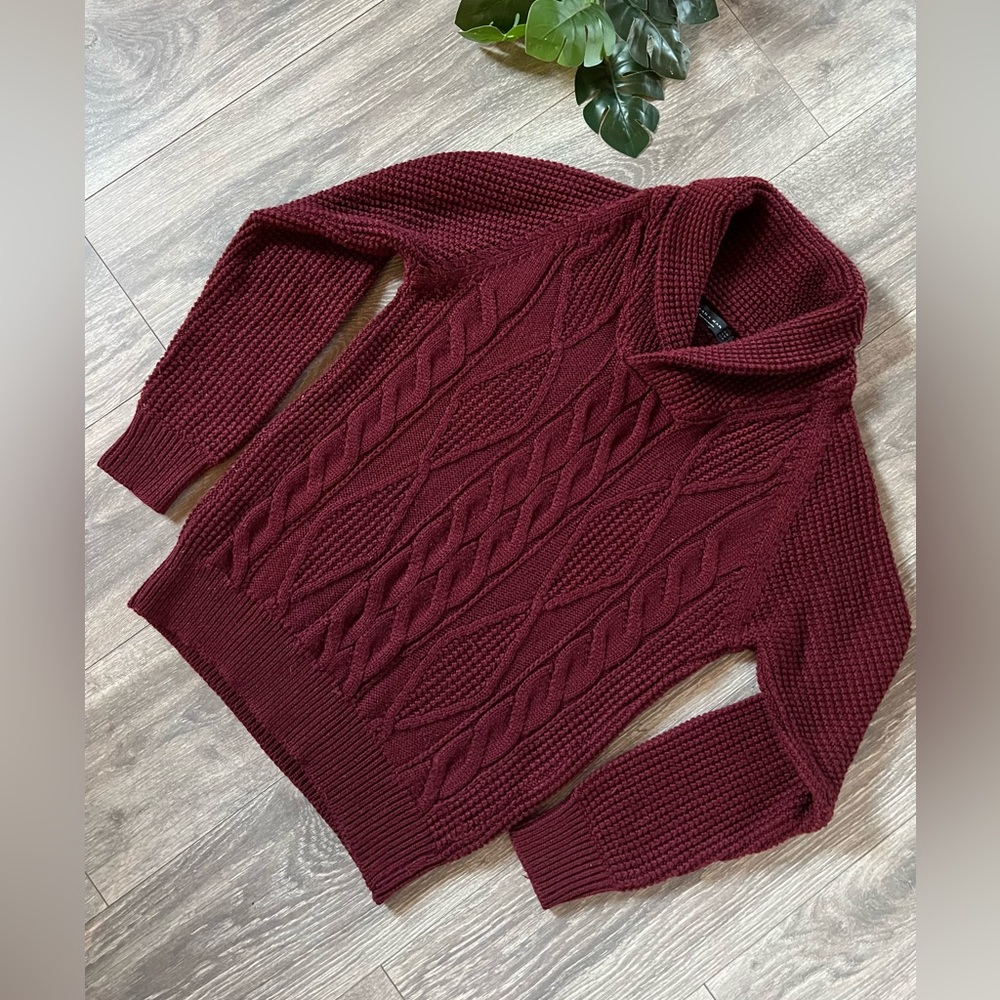 Zara man shawl collared cable knit sweater.